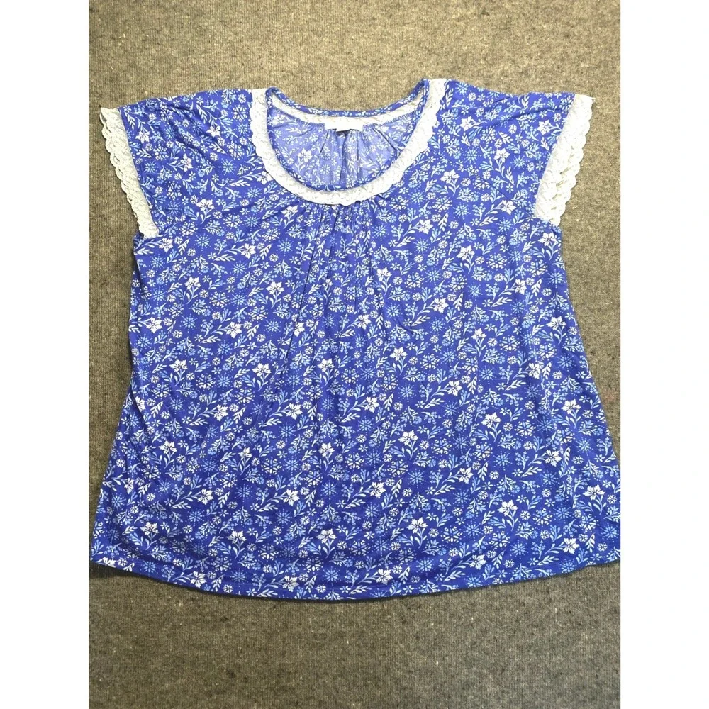 Dreams & Co Blue Floral Lace Trim Pajama Set Plus Size 3X 30/32 Short Sleeve PJ
